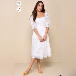 Lulu’s Darling Entrance White Eyelet Embroidered Puff Sleeve Midi Dress